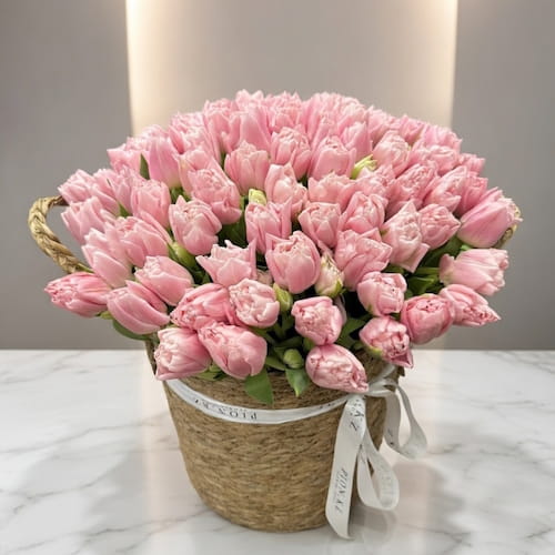 Кашпо из розовых пионовидных тюльпанов - 101 тюльпан